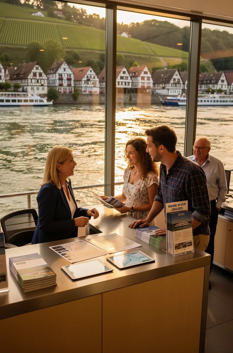 Mitarbeiter in einem Reisebüro koordinieren individuelle Reisepakete für Flusskreuzfahrten in Deutschland mit Karten und Informationsmaterial.